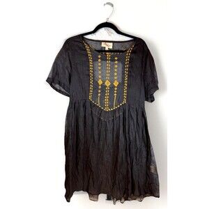 Raven + Lily Black Dress Size‎ Large Floral Embroidery Sheer Lined Cotton Blend
